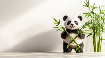 Poster - A cheerful panda holding bamboo in a bright, minimalistic setting.