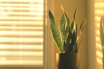 Poster - A sunlit indoor plant in a pot beside a window with blinds.