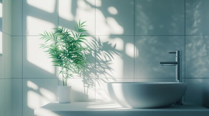 Poster - A serene bathroom scene featuring a plant and a modern sink with soft light and shadows.
