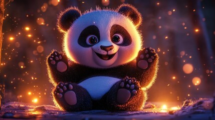 Poster - A cute panda sits happily amidst glowing sparks, showcasing a whimsical and joyful scene.