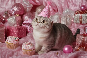 Poster - A playful cat in a party hat surrounded by pink decorations and cupcakes.