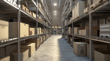 Poster - A spacious warehouse aisle filled with stacked boxes and shelving units.