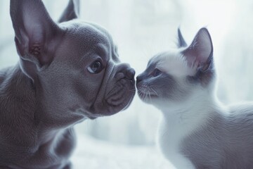 Poster - A close-up of a dog and a cat sharing a gentle moment.