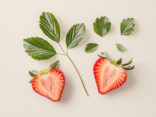Poster - A fresh strawberry cut in half with leaves, showcasing vibrant colors and natural textures.
