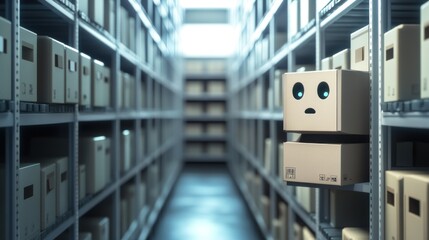 Poster - A storage area filled with boxes, featuring a surprised box character with eyes.