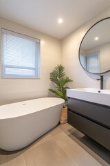 Aufkleber - Modern bathroom featuring a freestanding tub, a round mirror, and a plant for decoration.