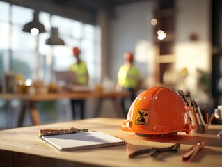Aufkleber - A construction site workspace featuring an orange hard hat, notebook, and workers in the background.