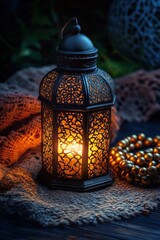 Aufkleber - A decorative lantern casting a warm glow, surrounded by beads and textured fabric.
