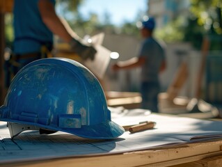 Aufkleber - A blue hard hat on plans with workers in the background at a construction site.