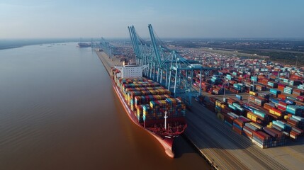 Poster - Aerial view of a cargo ship at a busy port, showcasing shipping containers and cranes.