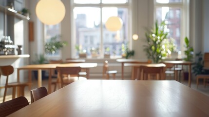 Poster - A bright, modern café interior with wooden tables and plants, creating a cozy atmosphere.