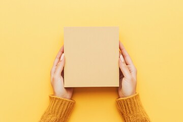 Poster - A pair of hands holding a plain, square box against a bright yellow background.