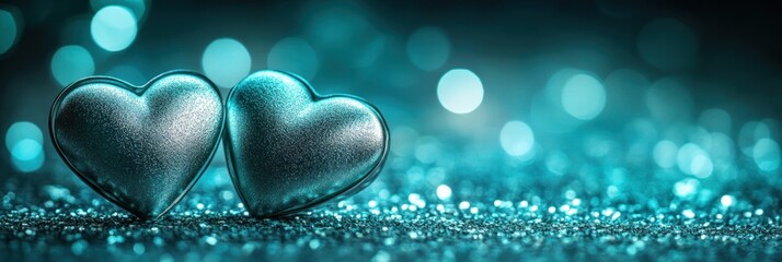 Leinwandbilder - Two metallic hearts on a sparkling surface with a soft bokeh background.