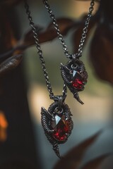 Poster - A close-up of two ornate necklaces featuring red gemstones and intricate metalwork.