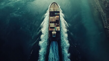 Poster - Aerial view of a cargo ship navigating through water, leaving a wake behind.