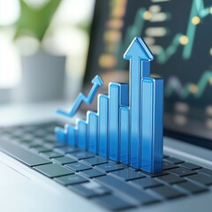 Leinwandbilder - A laptop displaying a 3D graph representing growth and analytics in a business context.