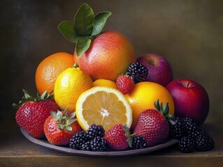 Poster - A vibrant assortment of fresh fruits arranged on a plate, showcasing color and variety.
