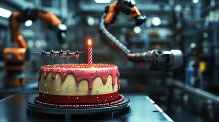 Aufkleber - A robotic arm decorates a birthday cake with a lit candle in a high-tech industrial setting.