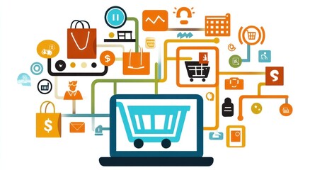 Aufkleber - Illustration of e-commerce concepts with a laptop and various shopping-related icons.
