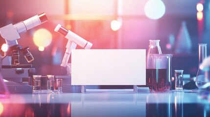 Poster - Laboratory setting with microscopes, glassware, and a blank display for presentations.