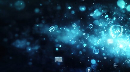 Fototapete - Abstract digital background featuring icons and particles, symbolizing technology and connectivity.