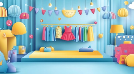 Poster - A colorful display of clothing and accessories in a playful, vibrant setting.