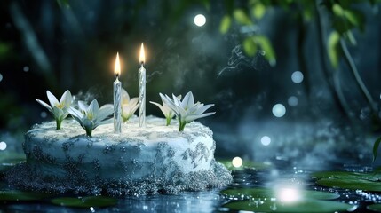 Poster - A serene cake adorned with candles and flowers, floating on water, creating a tranquil atmosphere.