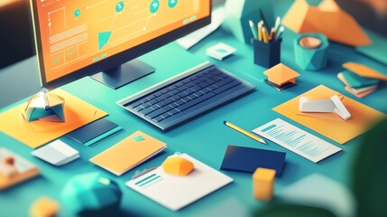 Aufkleber - A vibrant workspace with a computer, stationery, and geometric decor for productivity.