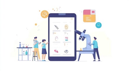 Leinwandbilder - Illustration depicting a digital interface with a robotic arm and scientists engaged in research.