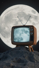 Wall Mural - old wooden vintage TV on the moon. Earth background. Space concept. Broadcast. 3d rendering, simple style, with white tones