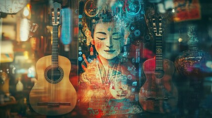 Poster - A vibrant artistic composition featuring guitars and a serene portrait, blending culture and music.