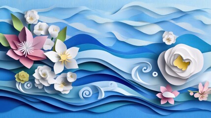 Fototapete - A vibrant paper-cut design featuring waves and flowers, evoking tranquility and nature.