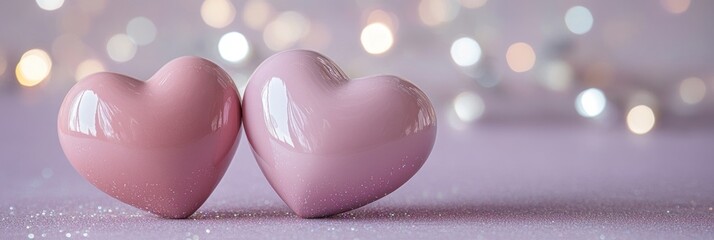 Poster - Two glossy pink heart shapes on a soft purple background, evoking love and affection.
