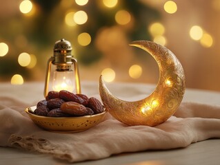 Aufkleber - A decorative crescent moon with lights beside a lantern and a bowl of dates, creating a warm ambiance.