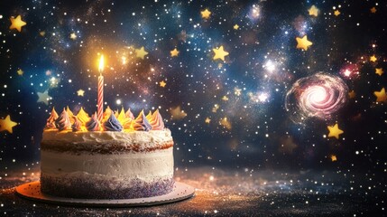 Poster - A whimsical cake with a candle set against a cosmic background of stars and galaxies.
