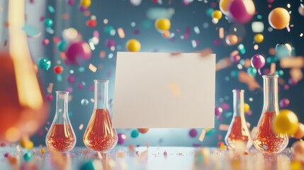Aufkleber - Colorful laboratory scene with flasks, vibrant spheres, and a blank sign for creative use.