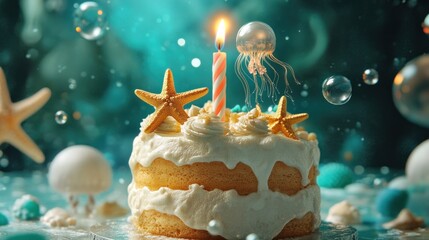 Poster - A whimsical birthday cake with a jellyfish, starfish, and bubbles, set in an ocean-themed backdrop.