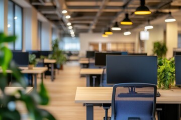 Wall Mural - Modern empty office workspace with desks, computers, and plants.