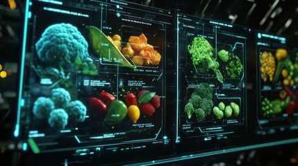 Poster - A futuristic display of various fresh vegetables and fruits with digital overlays.