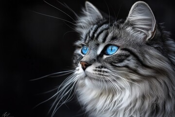 Poster - A close-up portrait of a silver tabby cat with striking blue eyes against a dark background.