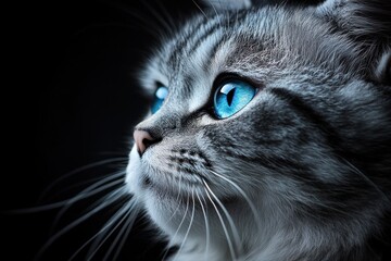 Poster - A close-up of a cat's face with striking blue eyes against a dark background.