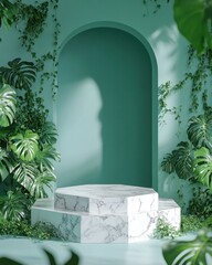 Aufkleber - A serene, green space featuring marble steps and lush plants, ideal for presentations or displays.