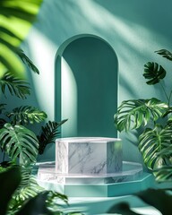 Aufkleber - A serene space featuring a marble pedestal surrounded by lush green plants and soft lighting.