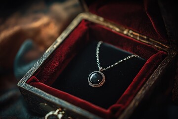 Poster - A silver necklace with a dark pendant displayed in a velvet-lined jewelry box.