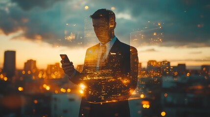 Aufkleber - A businessman checks his phone against a sunset cityscape backdrop.