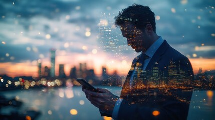 Aufkleber - A businessman checks his phone against a city skyline at sunset, blending technology and nature.