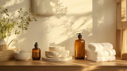 Poster - A serene bathroom setup featuring natural products, towels, and decorative elements.
