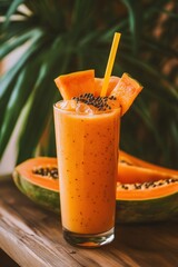 Poster - A refreshing papaya smoothie garnished with fruit slices and seeds, served in a tall glass.