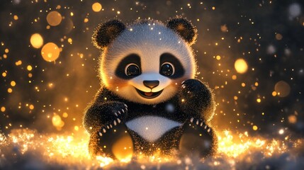 Poster - A cute panda sitting amidst sparkling lights, radiating joy and playfulness.
