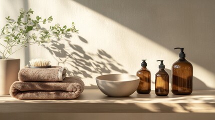 Poster - A serene bathroom scene featuring towels, bowls, and amber bottles for personal care.